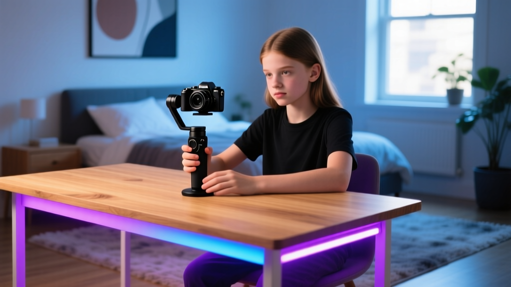 Teenager unboxing a sleek black camera gimbal on a modern wooden desk illuminated by purple and blue LED strip lights in a bedroom