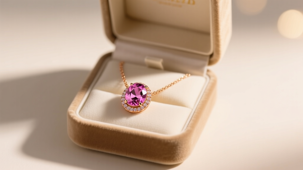 Velvet box showing a sparkling three-carat oval pink topaz necklace in a rose gold halo setting under warm, soft romantic light