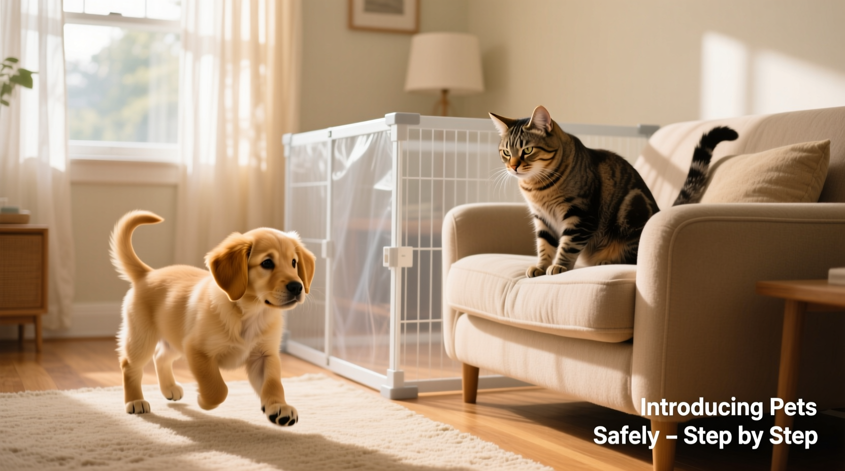 how to introduce a hyper puppy to a grumpy old cat safely