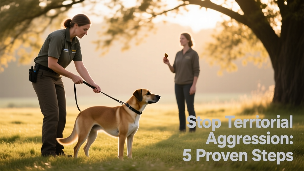 Trainer calmly guiding a dog on leash while a person stands at a safe distance, offering treats