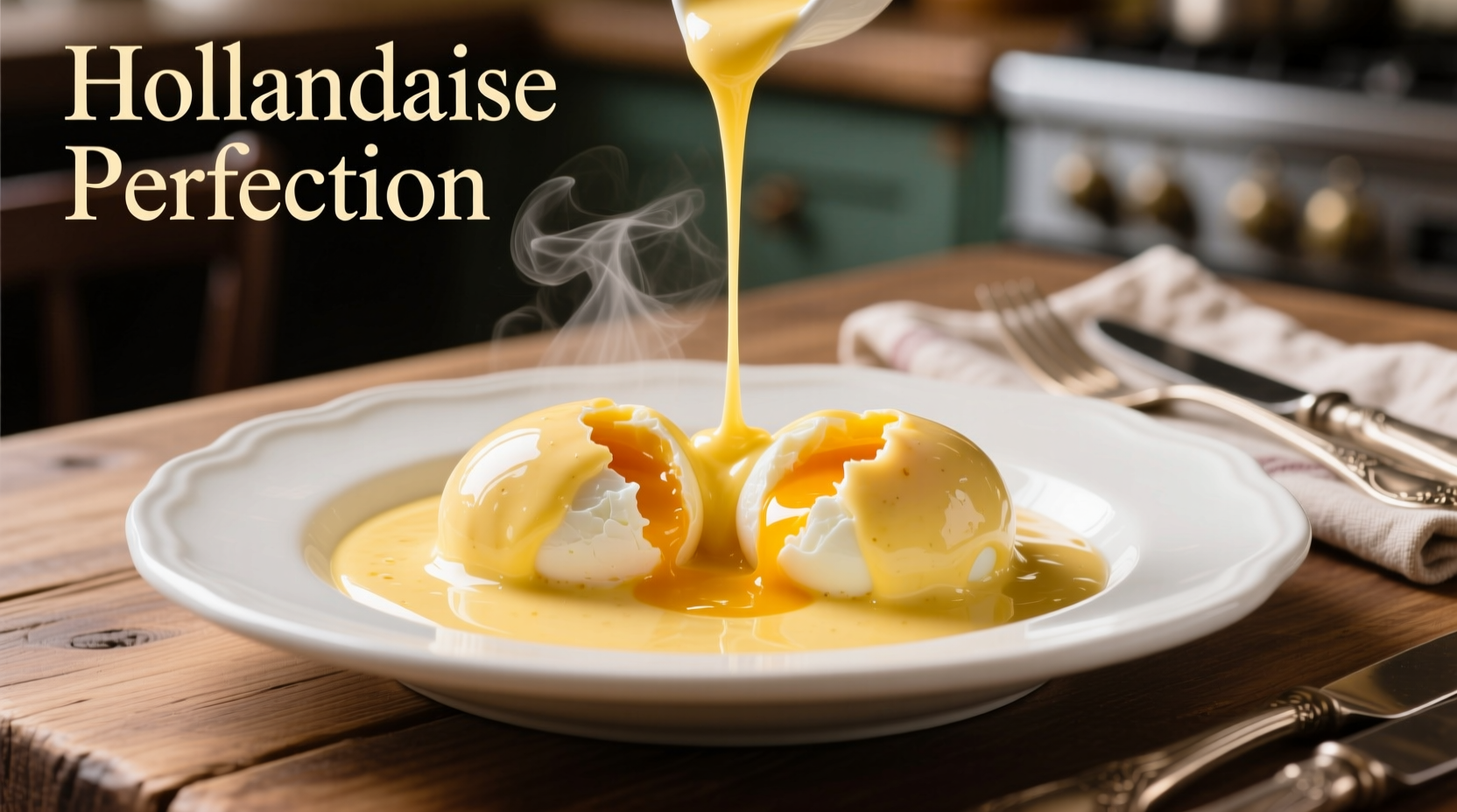 Perfect hollandaise sauce drizzling over poached eggs