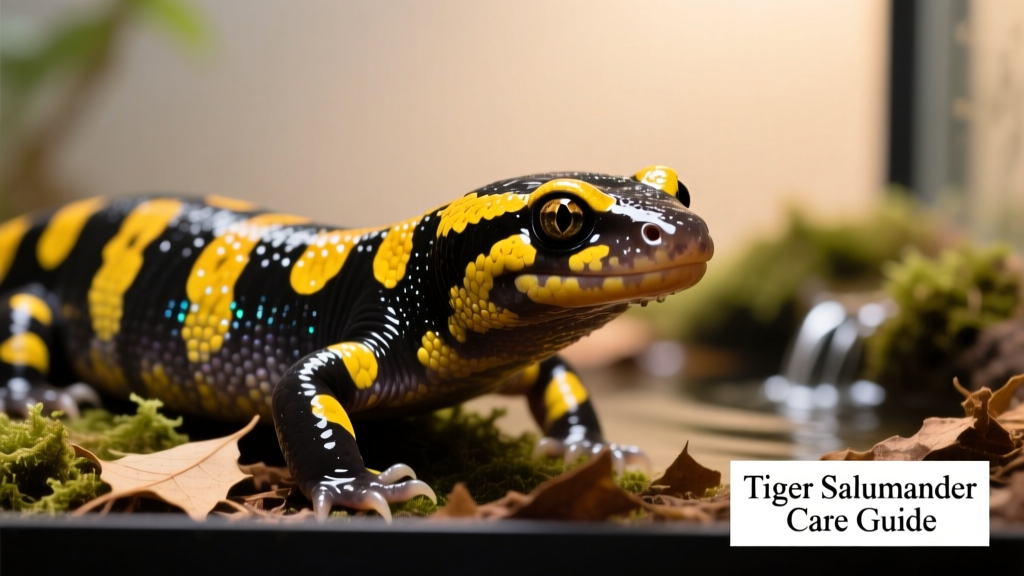 Close-up of a tiger salamander showing bold black-and-yellow striping on its back and moist, smooth skin