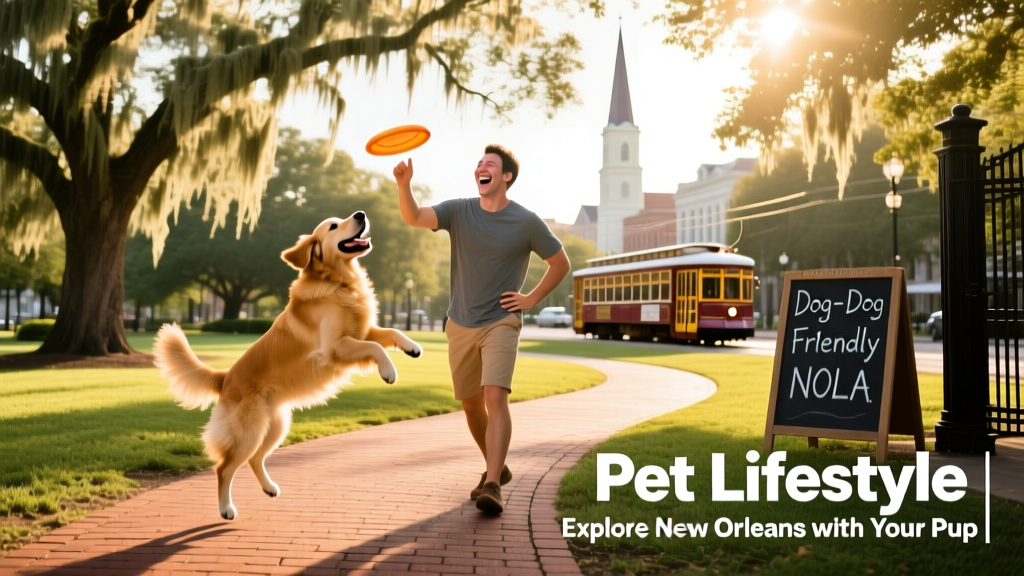 A pet parent and dog enjoying a sunny day at a spacious, scenic dog park in New Orleans.