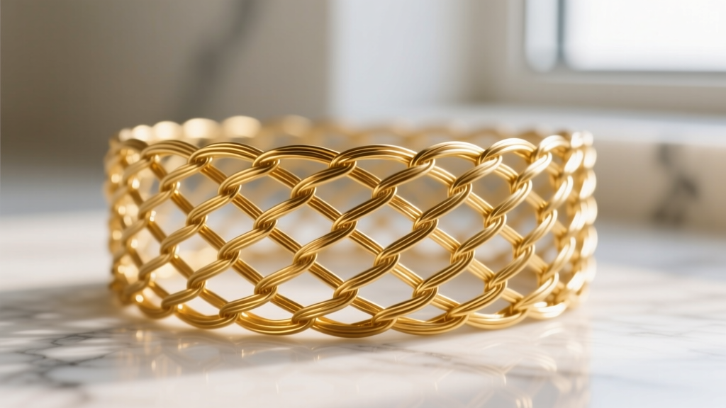 Macro shot of Russian weave gold mesh showing tight geometric wires against a blurred marble background in soft natural light.