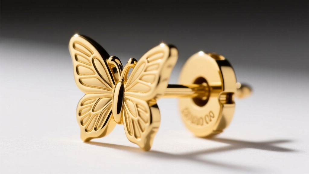 Close-up of a 20-gauge yellow gold push back earring clutch, showing the butterfly wings and friction notches on the metal post.