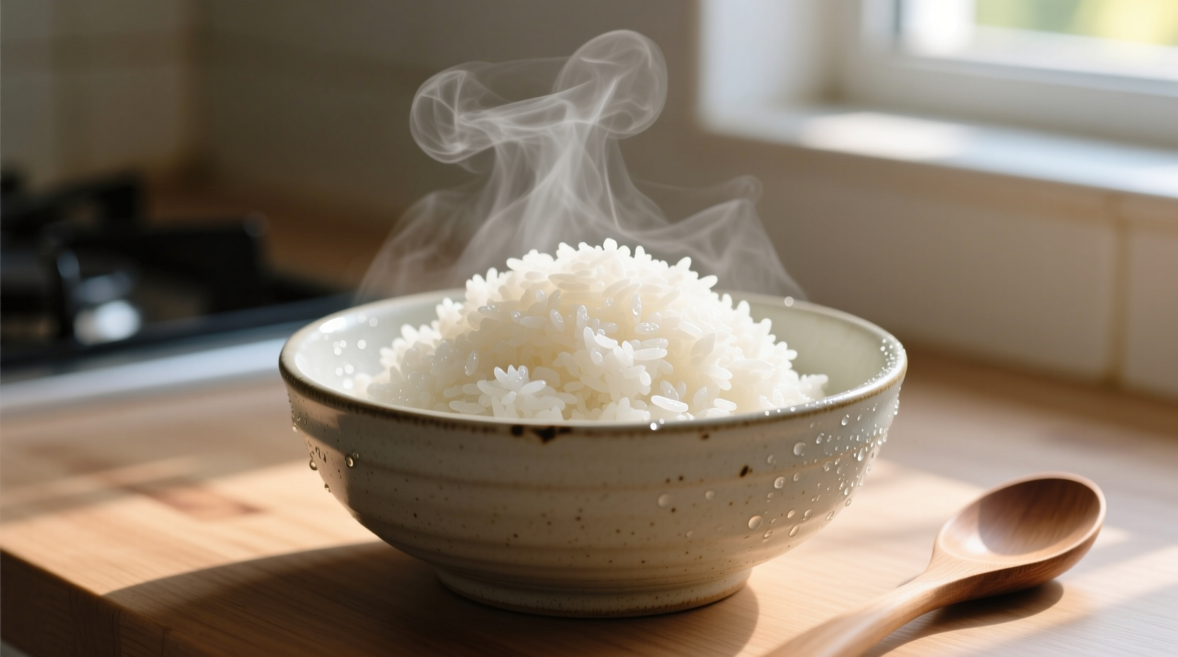 Fresh cooked rice cooling in shallow container