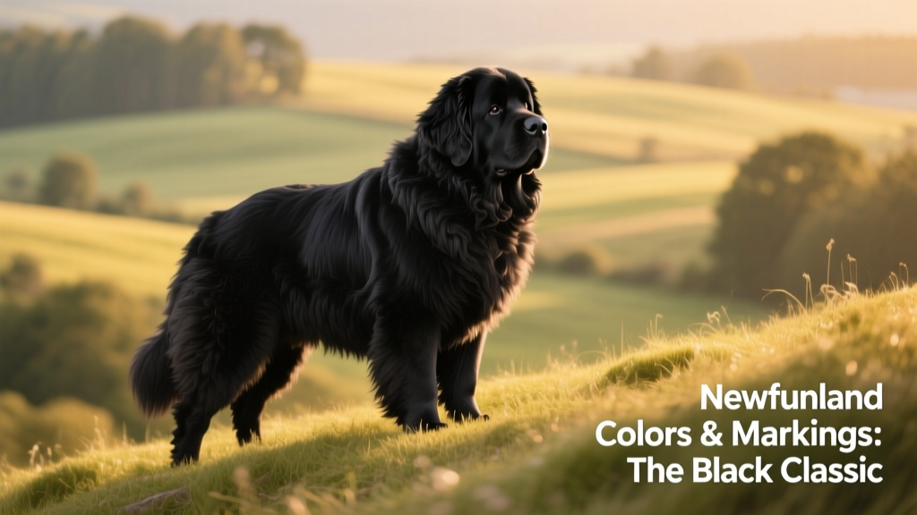A majestic black Newfoundland standing proudly on a grassy hill, showcasing its dense, glossy coat