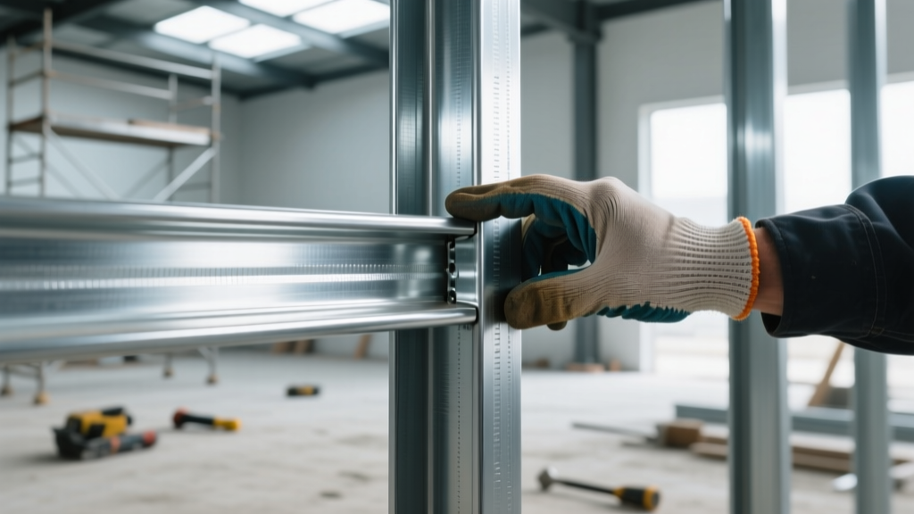 Close-up of galvanized light gauge steel framing studs with shiny spangle coating being inspected by a construction professional on a job site
