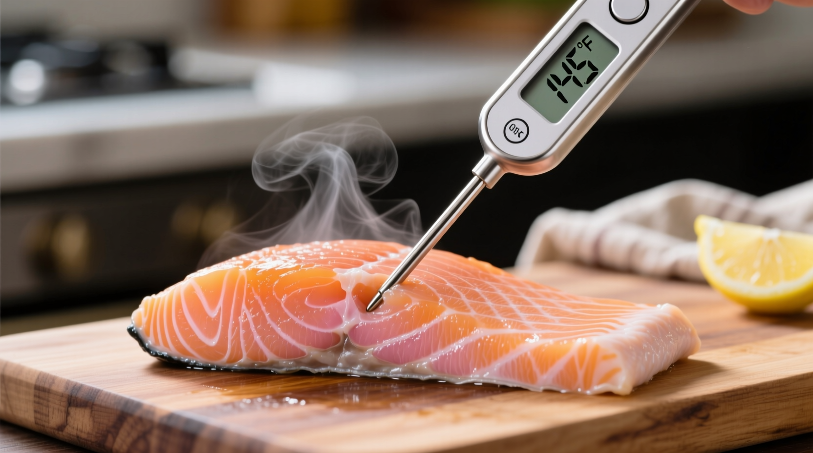 Food thermometer inserted into cooked salmon fillet