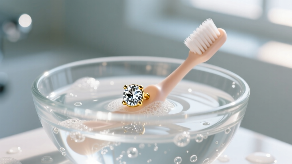 Soft baby toothbrush gently cleaning a diamond stud earring in a glass bowl of soapy water, illuminated by bright natural window light.