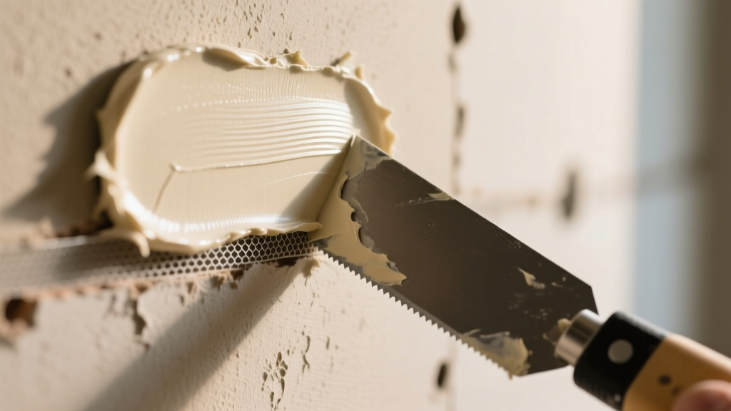 Close-up of a drywall repair patch blending into an existing textured wall, showing a taping knife applying joint compound over a mesh seam.
