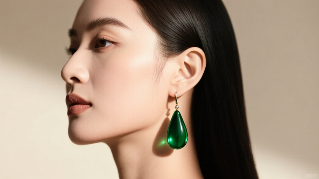 Side profile of a woman wearing long pear emerald dangle earrings, showing how the elongated drop complements a round face.