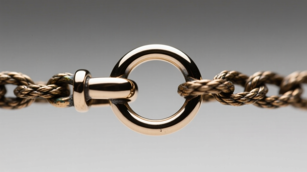 Macro shot of 5mm lobster clasp on 3mm oxidized rope chain, showing secure jump ring solder point against a neutral grey background