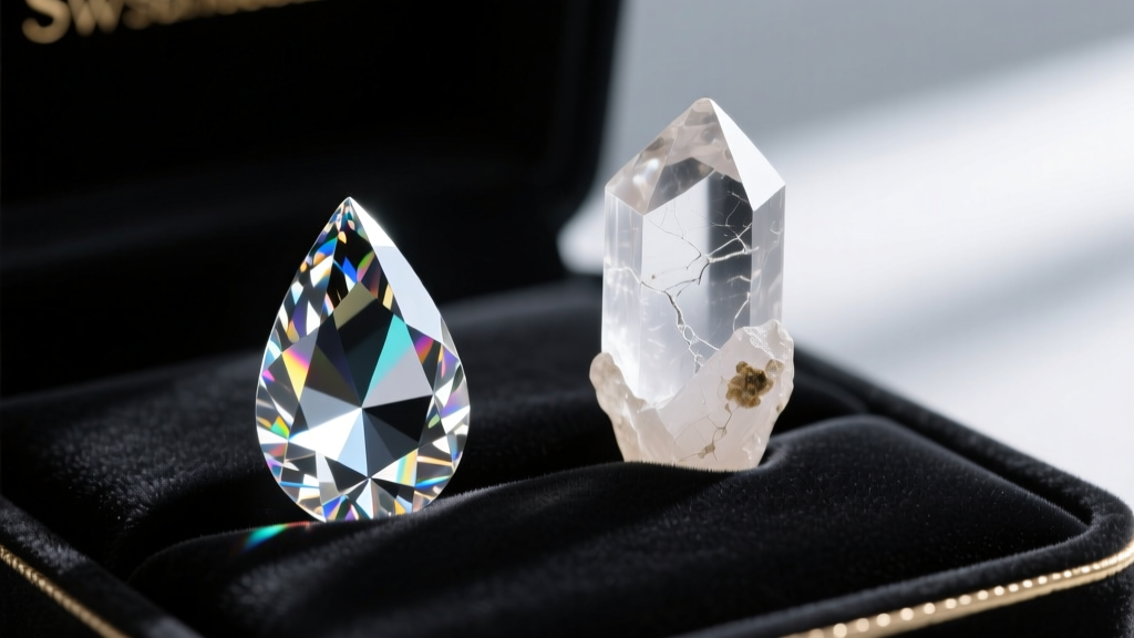 Macro photography comparing a faceted Swarovski crystal drop to a raw natural clear quartz point on a dark velvet jewelry display.