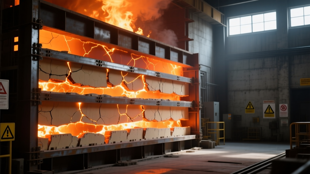 Close-up of a massive furnace testing a multi-layered gypsum and steel wall assembly glowing orange during an ASTM E119 fire resistance test