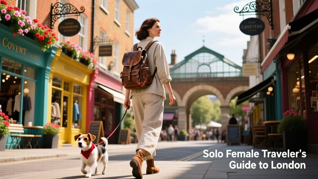 A solo female traveler exploring a vibrant London street with historic architecture and colorful storefronts