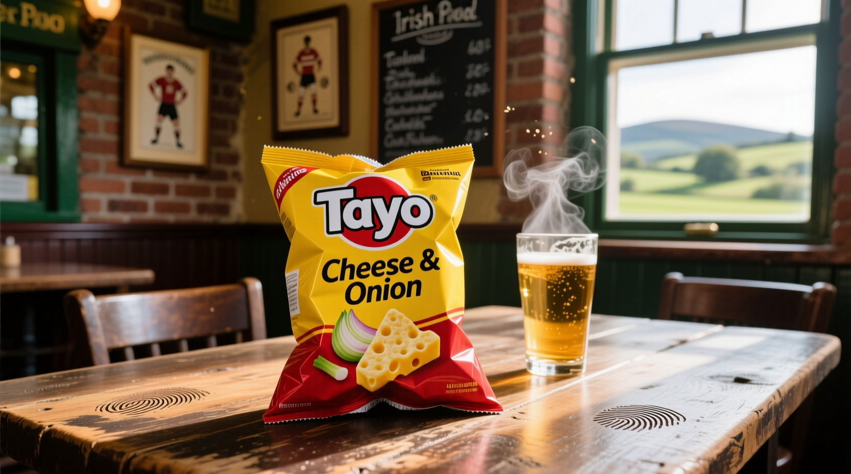 Traditional Tayto Cheese & Onion crisp packet on Irish pub table