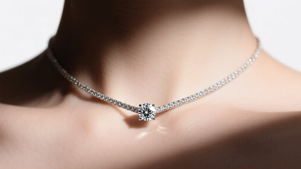 Close-up of 18k white gold bezel set diamond solitaire necklace on collarbone, soft studio lighting highlighting the metal rim.