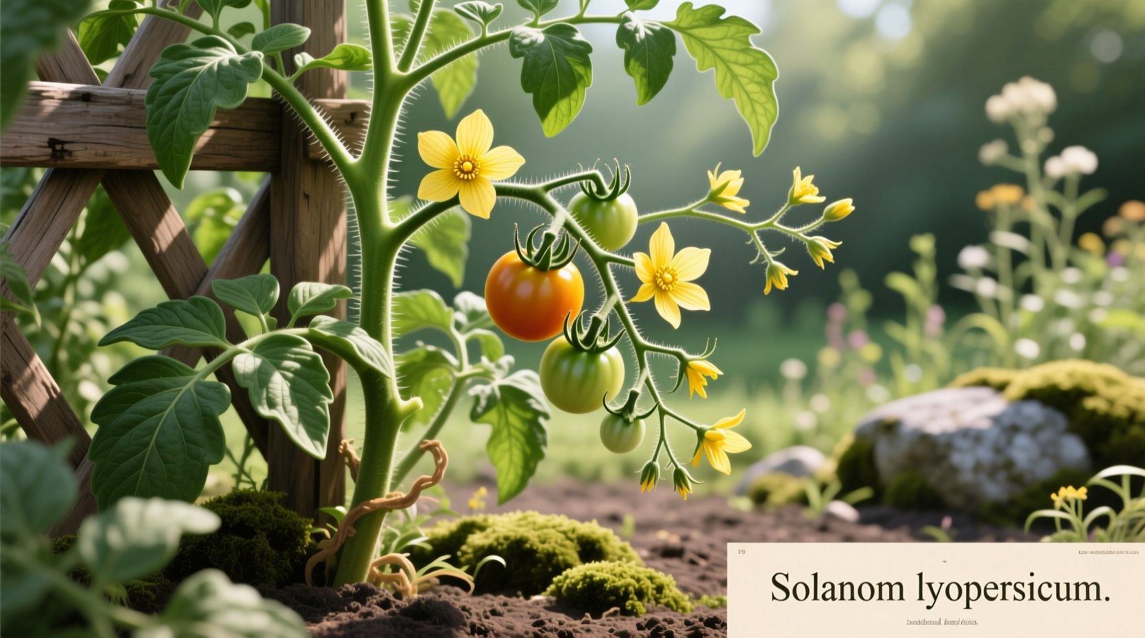 Healthy tomato plant with yellow blossoms on vine