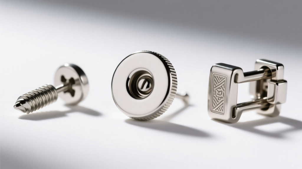 Detailed close-up of three earring backings: a standard friction post, a threaded screw back, and a secure locking metal clutch.