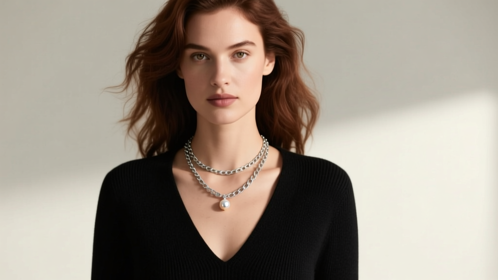 Woman wearing Ashleigh chain necklace layered with delicate pearl pendant, styled with a deep V-neck black cashmere sweater.