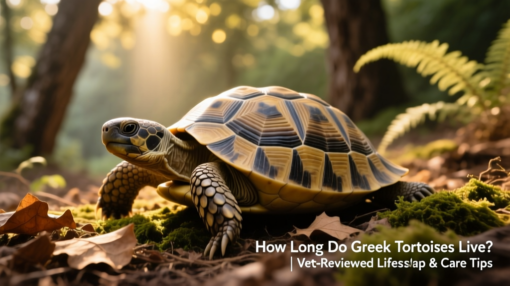 A healthy adult Greek tortoise basking on natural substrate with sunlight filtering through foliage