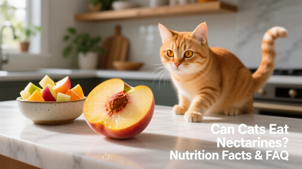 A fresh, ripe nectarine sliced open next to a small bowl of diced fruit pieces, with a curious cat sitting nearby