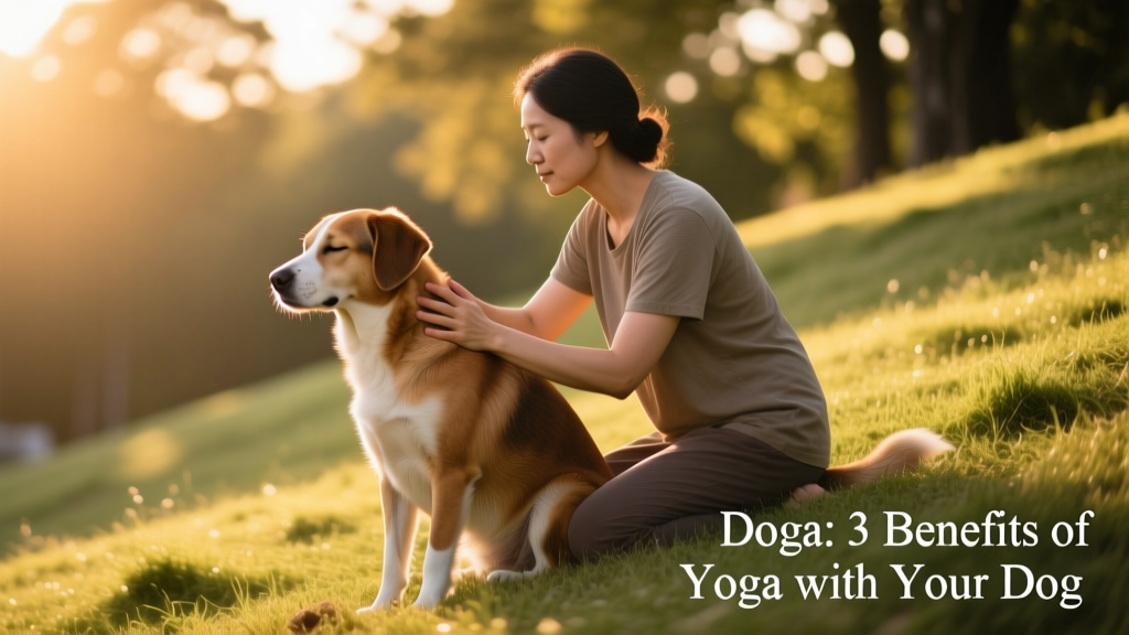 A person kneeling beside their relaxed dog, gently massaging the dog's shoulders while both breathe slowly in sync