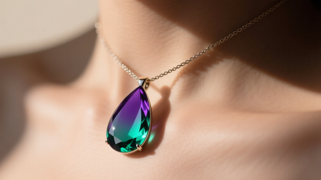 Close-up of a teardrop mood necklace pendant resting on a collarbone, displaying a vibrant transition from deep violet to bright teal green
