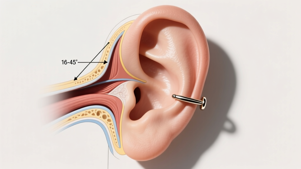 Anatomical diagram of the ear focusing on the tragus, highlighting the correct 16-gauge angle and flat-back jewelry placement.