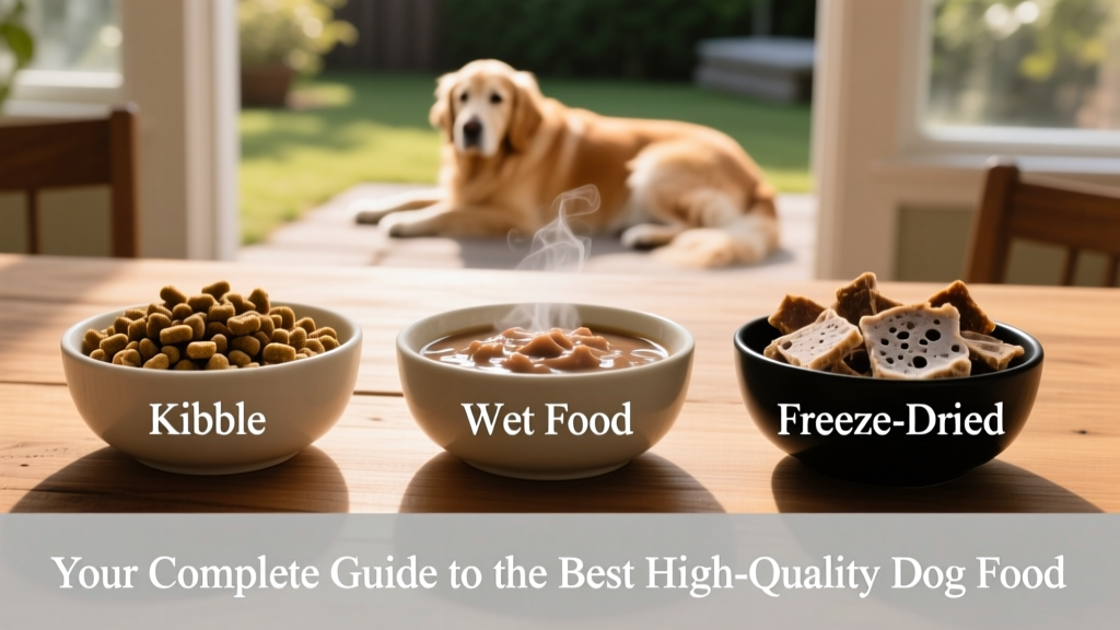 Side-by-side comparison of kibble, wet food, and freeze-dried dog food in clean bowls