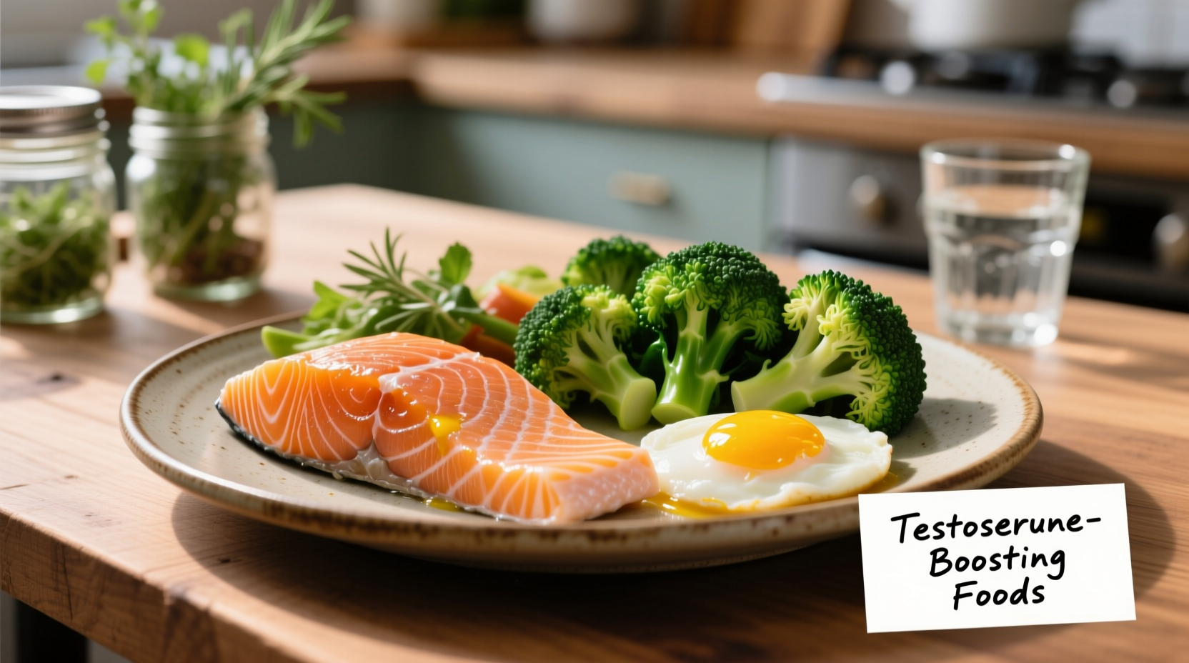 Plate of testosterone-boosting foods including salmon, eggs, and broccoli