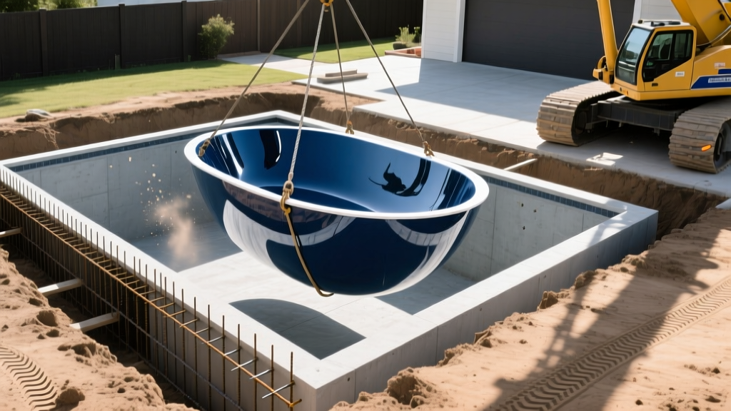 Crane lowering a glossy fibreglass pool shell beside a steel-rebar reinforced concrete pool form in a residential backyard excavation