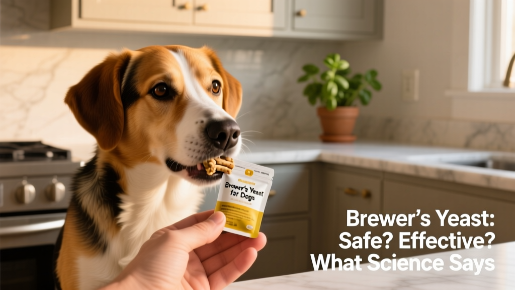 Dog calmly eating a chewable brewer's yeast supplement from a hand, with a clean kitchen backdrop