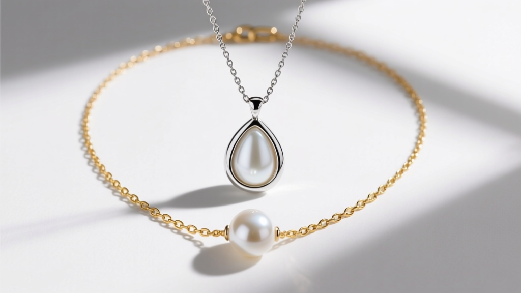 Overhead shot of a silver Elsa Peretti teardrop necklace layered with a 14k gold paperclip chain and a single white baroque pearl