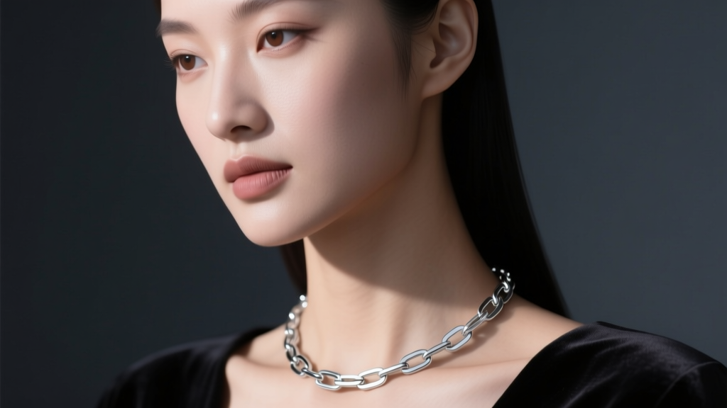Close-up of a model wearing a 925 sterling silver chain necklace with matte paperclip links against a dark backdrop