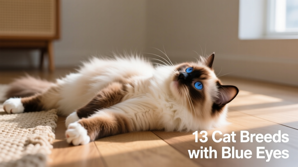 A Ragdoll cat lying on its back with paws relaxed, showing off deep blue eyes and plush, semi-long fur in a seal-point pattern