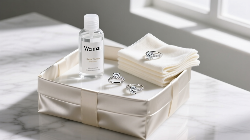 Satin gift basket displaying a bottle of Weiman liquid jewelry cleaner, diamond rings, and folded microfiber polishing cloths.
