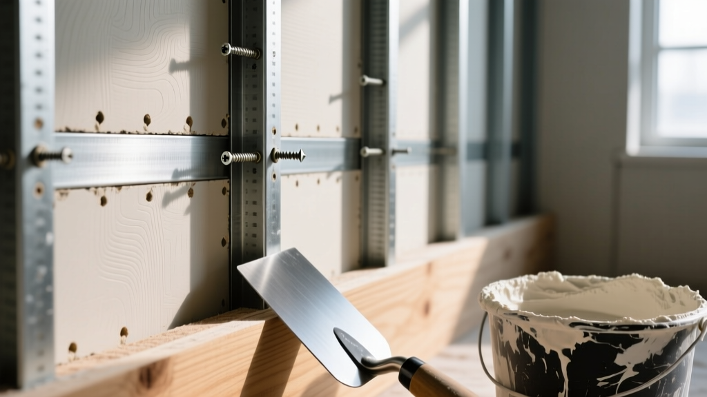Close-up of 3/8-inch gypsum board lath panels being screwed to metal wall studs, with a steel trowel and wet plaster bucket visible nearby