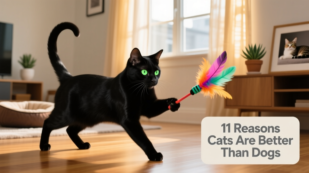 A sleek black cat playing with a FurPetVo feather wand toy