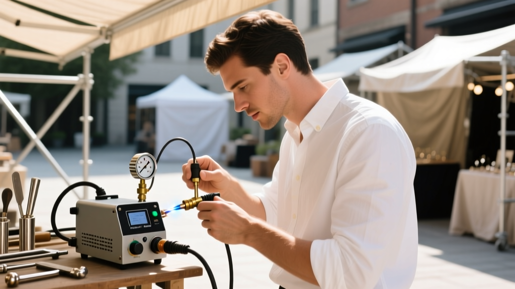 Side profile of a jeweler adjusting the argon gas flow meter on a portable pulse arc welder during a mobile pop-up event setup