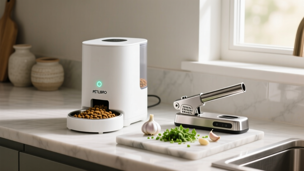 Kitchen counter with a PETLIBRO smart pet feeder dispensing kibble beside an electric gadget for cutting garlic and fresh herbs