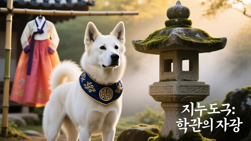 A dignified Korean Jindo wearing a traditional embroidered collar, posed beside a Korean cultural symbol like a hanbok or stone lantern