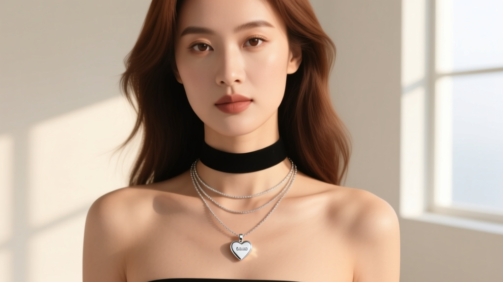 Woman wearing a layered necklace stack featuring a small engravable heart necklace on a 16-inch chain paired with a 14-inch choker