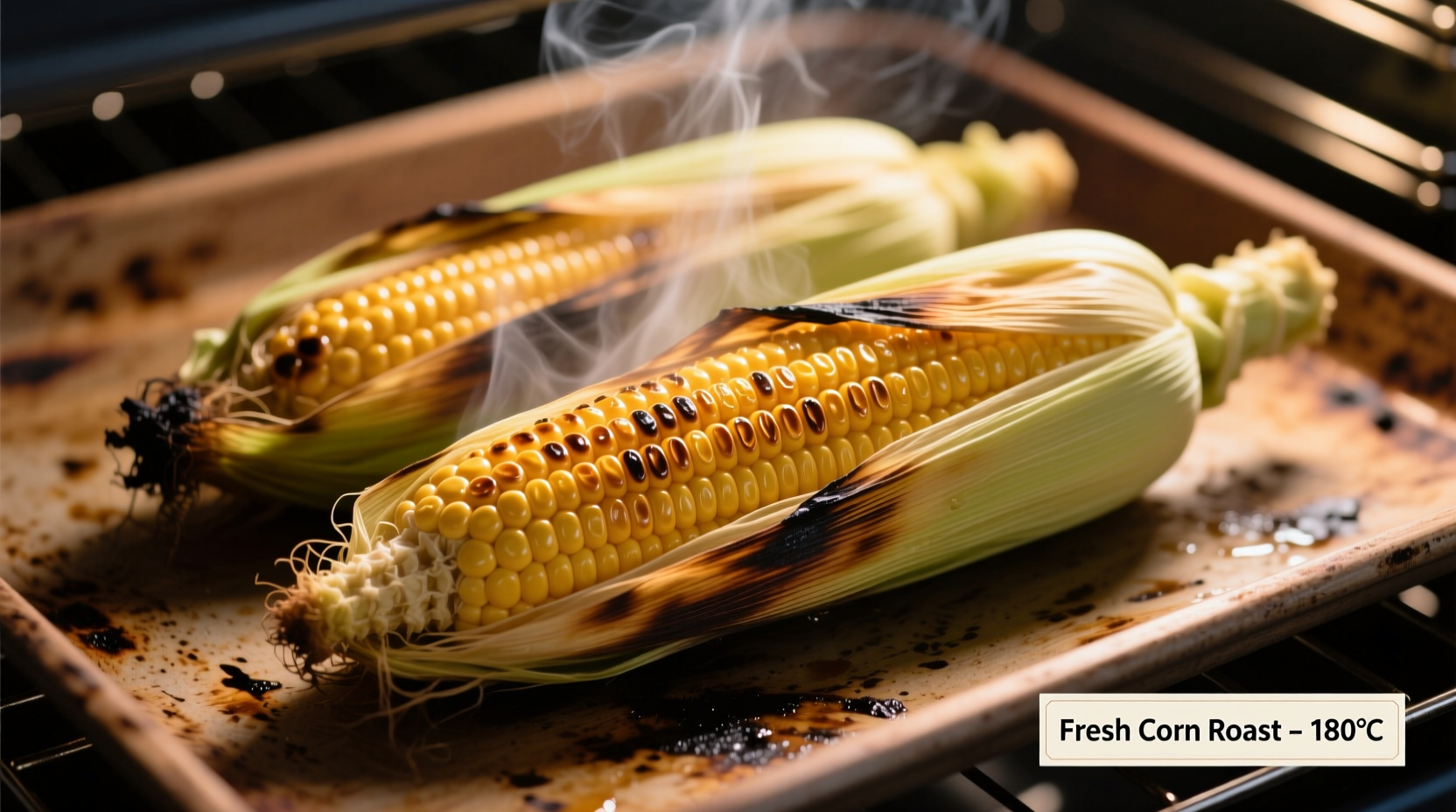 Fresh corn cobs roasting in oven with husks on
