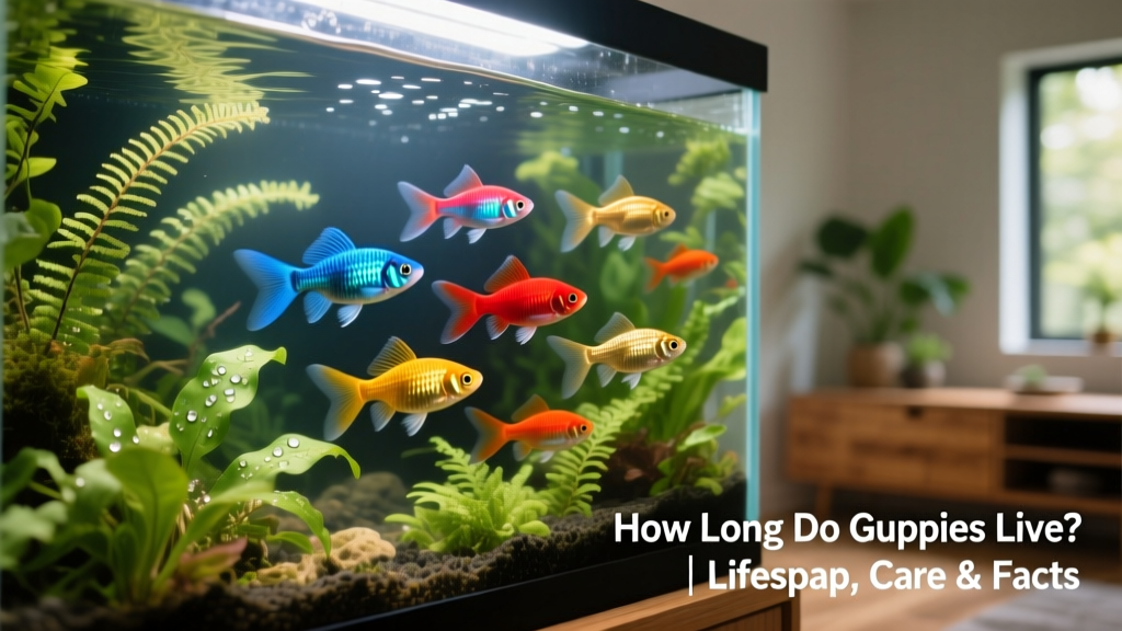 A lively school of colorful guppies swimming among live aquatic plants in a well-maintained home aquarium
