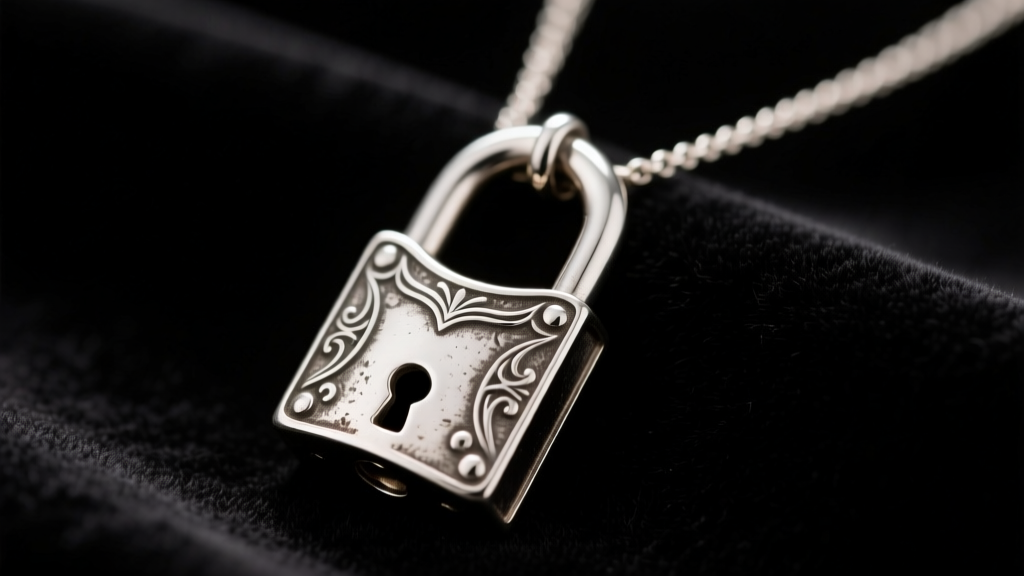 Close up of a vintage sterling silver padlock pendant necklace on dark velvet, illuminated by soft directional studio lighting