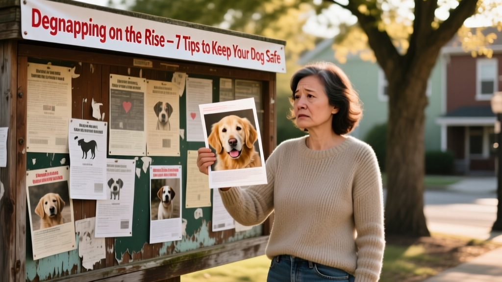 A person holding printed flyers with a photo of their dog, standing near a neighborhood bulletin board covered in similar posters