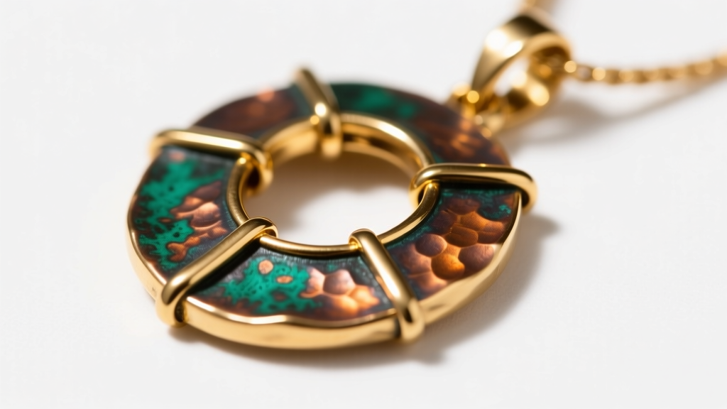 Macro shot of a 22k gold repoussé pendant showing solder joints and copper-alloy oxidation contrast under bright studio lighting.