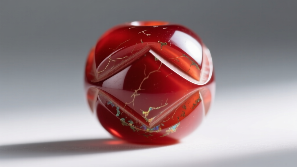 Macro shot of a cherry red vintage Bakelite bead with carved grooves, softly lit to reveal translucent edges and rich patina.